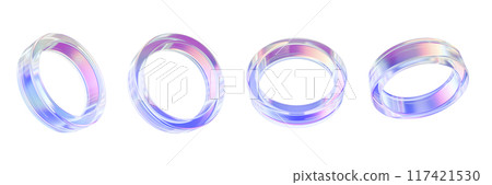 3D glass ring set, plastic transparent geometric retro shape, purple glossy futuristic flying circle 117421530