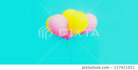 Bunch of festive colorful yellow pink balloons on a blue background Bunch of festive colorful yellow pink balloons on a blue background 117421851