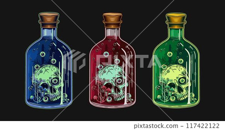 Set of colorful big bottles of poison, potion with human skull, eyeballs, mushrooms inside. Witchcraft concept. Halloween creepy illustration in vintage style on black background. Not AI 117422122