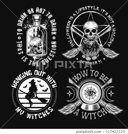 Labels with cauldron, skull, bottle with potion, magic ball, criss crossed brooms, pentagram sign, magic ball, wiccan signs, text. Black and white witchy illustrations on black in vintage style 117422123