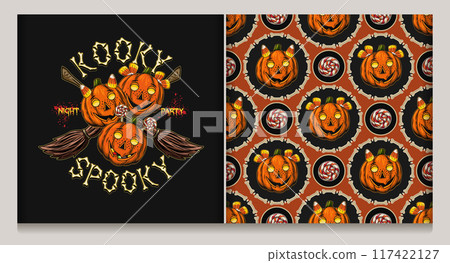 Halloween pattern, label with pumpkin heads 117422127