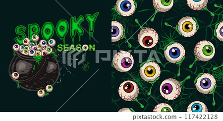 halloween set with cauldron, eyeballs, green goo 117422128