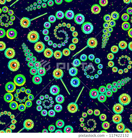 Seamless pattern with colorful neon eyeballs. Fractal, spiral ornament. Surreal, psychedelic illustration for Halloween holiday. For prints, t shirt, surface design Seamless pattern with colorful neon eyeballs. Fractal, spiral ornament. Surreal, psychedelic illustration for Halloween holiday. For prints, t shirt, surface design 117422132