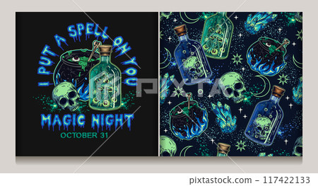 Halloween surreal pattern, label with glass bottle of poison with human skull. Glowing magic crystals, witch cauldron, sparks, stars, moon. Witchy, mystical, surreal illustration. Not AI Halloween surreal pattern, label with glass bottle of poison with human skull. Glowing magic crystals, witch cauldron, sparks, stars, moon. Witchy, mystical, surreal illustration. Not AI 117422133