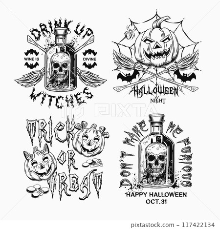 Labels with bottle with skull and poisonous potion, criss crossed brooms, spider web, pumpkin heads, text. Black and white witchy illustrations on white background in vintage style 117422134