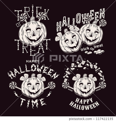 Set of 4 labels with pumpkin heads like happy kids 117422135