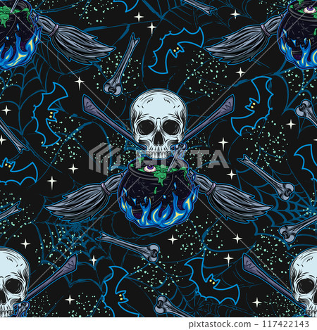 Blue pattern with witch cauldron skull brooms Blue pattern with witch cauldron skull brooms 117422143