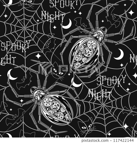 Pattern with robot spider, spiderweb, cat crescent 117422144
