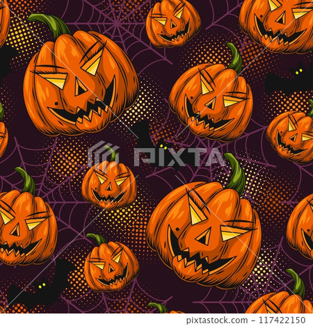 Halloween pattern with female pumpkin head 117422150