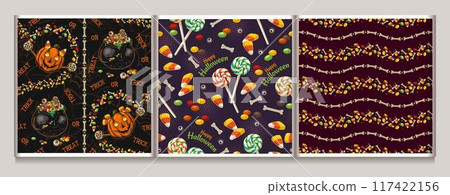 Set of seamless Halloween patterns with bones, scattered sweets, candy, happy pumpkin, cauldron, pot. Vintage style 117422156