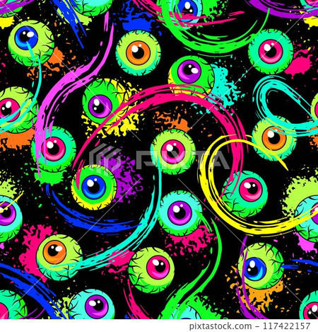 Seamless neon pattern with scattered colorful eyeballs, neon smashed smeared paint. Surreal, psychedelic illustration in vintage style for Halloween holiday. 117422157