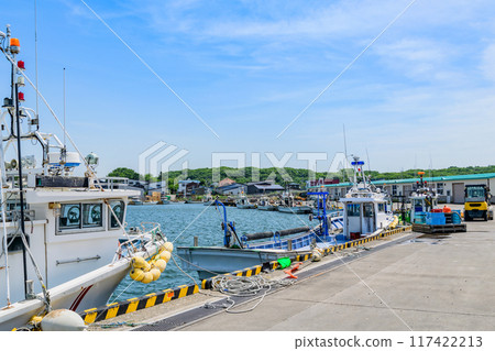 Sakaeura Fishing Port, a small fishing port on Lake Saroma in eastern Hokkaido 117422213