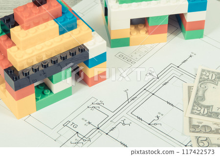 Small houses made of toy blocks, electrical diagrams of house and dollar banknotes 117422573