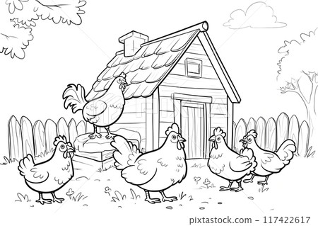 A coloring page featuring a hen on a farm 117422617