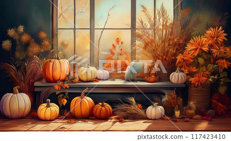 A room with pumpkins 117423410