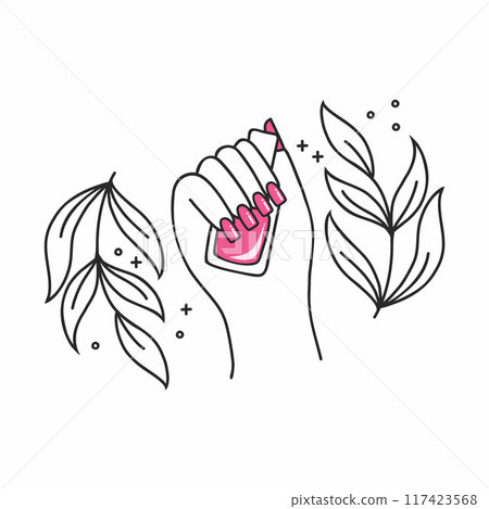 beautiful female hand holds bottle of pink nail polish. beauty illustration on theme of manicure. stylish logo for beauty salon. 117423568