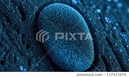A highly detailed, blue fingerprint surrounded by scattered, abstract dots in a high-tech, futuristic style 117423879