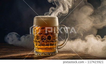 A frothy glass of beer surrounded by swirling clouds of smoke, creating a dramatic atmosphere 117423921