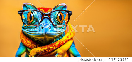 A bright chameleon wearing glasses and a scarf, on yellow background 117423981