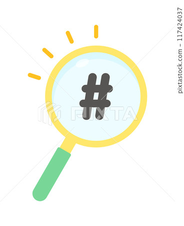 Hashtag and simple magnifying glass icon - Stock image for searching information and researching trends 117424037