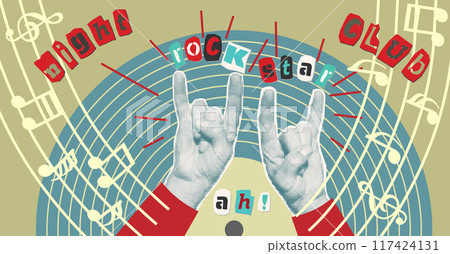 Karaoke music collage with halftone stickers hands lips and inscriptions, musical notations Cut out from newspapers, magazines, torn paper Poster design Vinyl player, mouth, hears Vector illustration 117424131