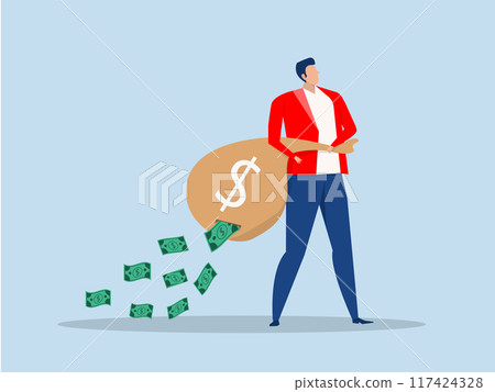 Lose money investment in financial crisis Businessman holding big doll, banknote money while loss, crumble and reduce in value. profit and loss in business or deflation and inflation concept. Lose money investment in financial crisis Businessman holding big doll, banknote money while loss, crumble and reduce in value. profit and loss in business or deflation and inflation concept. 117424328