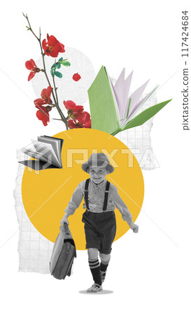 Poster. Contemporary art collage. Little boy, schoolboy with huge bag go to school against background with floral elements and flying books. Back to school. Poster. Contemporary art collage. Little boy, schoolboy with huge bag go to school against background with floral elements and flying books. Back to school. 117424684