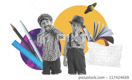 Poster. Contemporary art collage. Two little boys, pupils in retro clothes in monochrome filter posing against background with stationery. Back to school. Poster. Contemporary art collage. Two little boys, pupils in retro clothes in monochrome filter posing against background with stationery. Back to school. 117424689