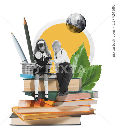 Poster. Contemporary art collage. Friends sitting on stack of huge books and reading against background with cosmic elements. Back to school. Poster. Contemporary art collage. Friends sitting on stack of huge books and reading against background with cosmic elements. Back to school. 117424690