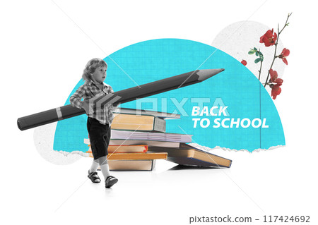 Poster. Contemporary art collage. Cute little boy in monochrome, walks with pencil against background with cyan figures and colorful foliage. Back to school. Poster. Contemporary art collage. Cute little boy in monochrome, walks with pencil against background with cyan figures and colorful foliage. Back to school. 117424692