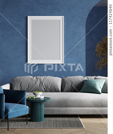 Blank poster in blue living room background, 3d illustration Blank poster in blue living room background, 3d illustration 117424840