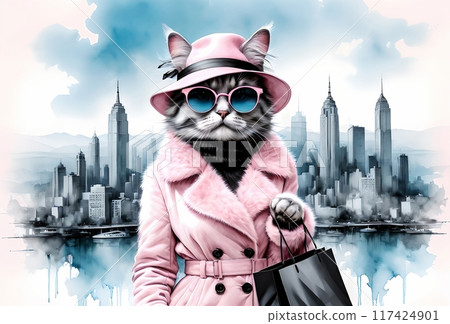 fashionable modern cat in sunglasses with shopping bags, shopping in the city fashionable modern cat in sunglasses with shopping bags, shopping in the city 117424901