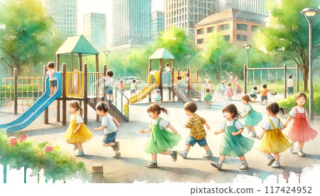 孩子們在公園玩耍（水彩畫） 117424952
