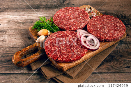 raw cutlets, for burgers, minced meat, handmade, homemade, with spices , top view, no people, raw cutlets, for burgers, minced meat, handmade, homemade, with spices , top view, no people, 117424959