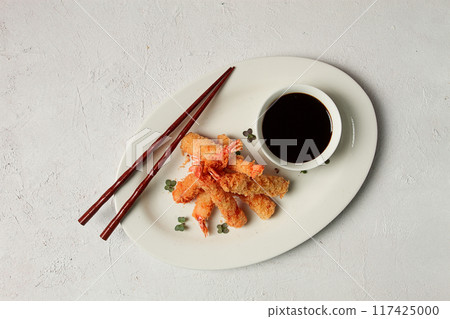 Fried shrimp, peeled in tempura, soy sauce, close-up, Fried shrimp, peeled in tempura, soy sauce, close-up, 117425000