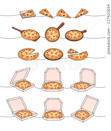 Pizza set one line colored continuous drawing. Whole and pieces italian pizzas continuous one line illustration. Vector linear illustration. 117425034