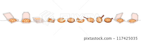 Pizza set one line colored continuous drawing. Whole and pieces italian pizzas continuous one line illustration. 117425035