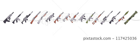 Weapons one line colored continuous drawing. Tactical assault rifles, smoothbore guns, AK 47, sniper rifles, anti-tank grenade launchers 117425036