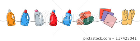Cleaning set one line colored continuous drawing. Toilet cleaners, towels, rags, gloves continuous one line illustration. Vector linear illustration. 117425041