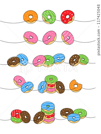 Take away donut set. Delicious donuts one line colored continuous drawing. Bakery sweet pastry food. Vector linear illustration. 117425048