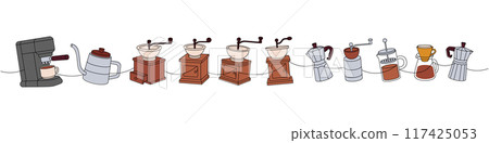 Coffee set one line colored continuous drawing. Coffee machine, gooseneck kettle, grinders, coffee makers continuous one line colored illustration. 117425053