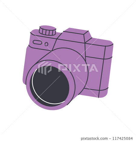 Camera with lens. Professional photo equipment. Vector illustration. 117425084