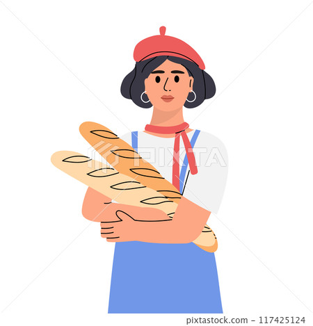 French woman carrying baguettes from market. Woman with a French baguette. Vector illustration. 117425124