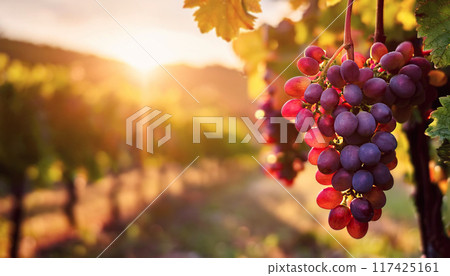 Red grape ripening in the sun rays on a vineyard. Soft sunset light with view to the vine fields in the background Red grape ripening in the sun rays on a vineyard. Soft sunset light with view to the vine fields in the background 117425161