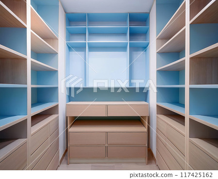 Empty closet shelves background. Modern wooden wardrobe boxes, beautiful blue interior design combination, abstract shape and patterns 117425162
