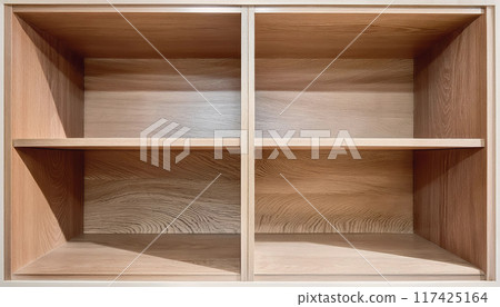 Empty closet shelves background. Modern wooden wardrobe boxes, abstract shape and patterns 117425164