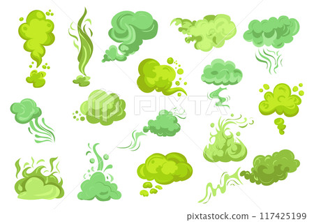 Smelly smoke mega set elements in flat graphic design. Bundle objects of green poison clouds with trails, toxic gas bubbles, cartoon bad stink, unpleasant smell vapour effect. Vector illustration. Smelly smoke mega set elements in flat graphic design. Bundle objects of green poison clouds with trails, toxic gas bubbles, cartoon bad stink, unpleasant smell vapour effect. Vector illustration. 117425199