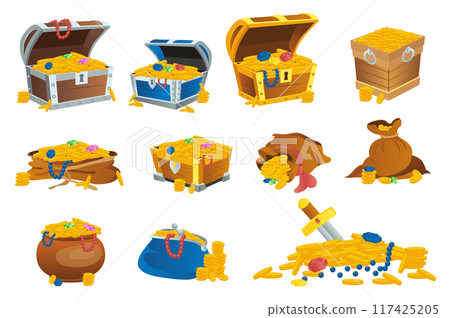 Pirate treasures mega set elements in flat graphic design. Bundle objects of cartoon open wooden chests with golden coins, gemstones and jewellery, bags and wallet with money. Vector illustration. 117425205
