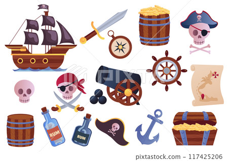 Pirate adventure mega set elements in flat graphic design. Bundle objects of ship, sword, compass, captain hats, map, treasure chest, bottle rum, barrel, skulls, anchor, other. Vector illustration. Pirate adventure mega set elements in flat graphic design. Bundle objects of ship, sword, compass, captain hats, map, treasure chest, bottle rum, barrel, skulls, anchor, other. Vector illustration. 117425206
