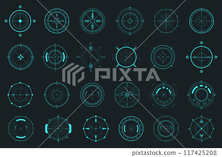 HUD target pointer mega set elements in flat graphic design. Bundle objects of futuristic user interface with radars and dashboard infographic, military visual navigation system. Vector illustration. 117425208